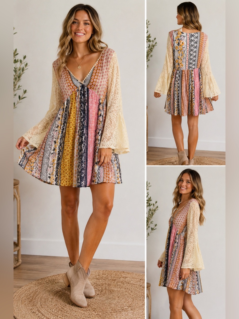 KORI America Boho Patchwork Mixed Floral Dress Lace Bell Sleeve Sma